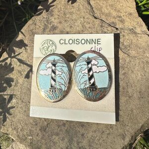 New Vintage Cloisonne Seascape Lighthouse Chinese Enamel Clip Earrings Deadstock